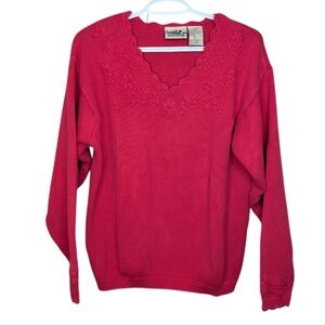 Vintage Northern Reflections Pink Scalloped V Neck Floral Knit Sweater Large